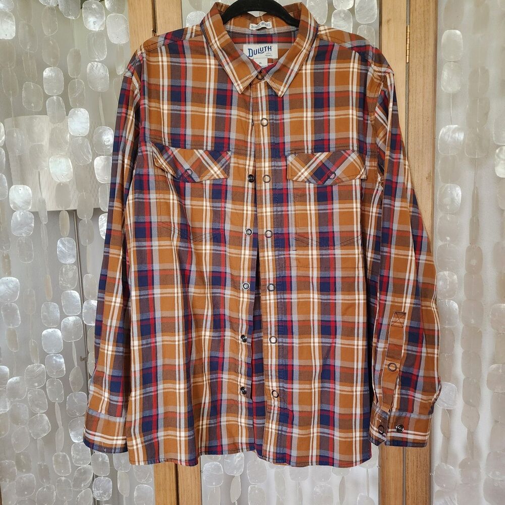 Duluth Trading Co Untucked Plaid Shirt XL Snap Button Up Crisp Woven